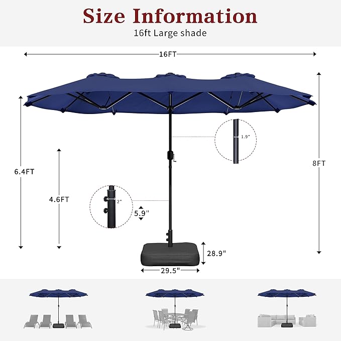 Vongrasig 15FT Large Patio Umbrella with Base Included, Outdoor Double sided Umbrellas with Crank Handle, Rectangle Table Umbrella for Pool Lawn Garden Market