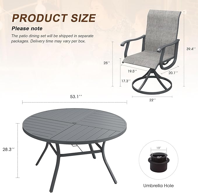 VICLLAX Patio 7 Pieces Outdoor Dining Set, 53" Round Metal Table with Umbrella Hole and 6 Swivel Textilene Chairs for Lawn, Garden, Porch, Dark Grey/Grey