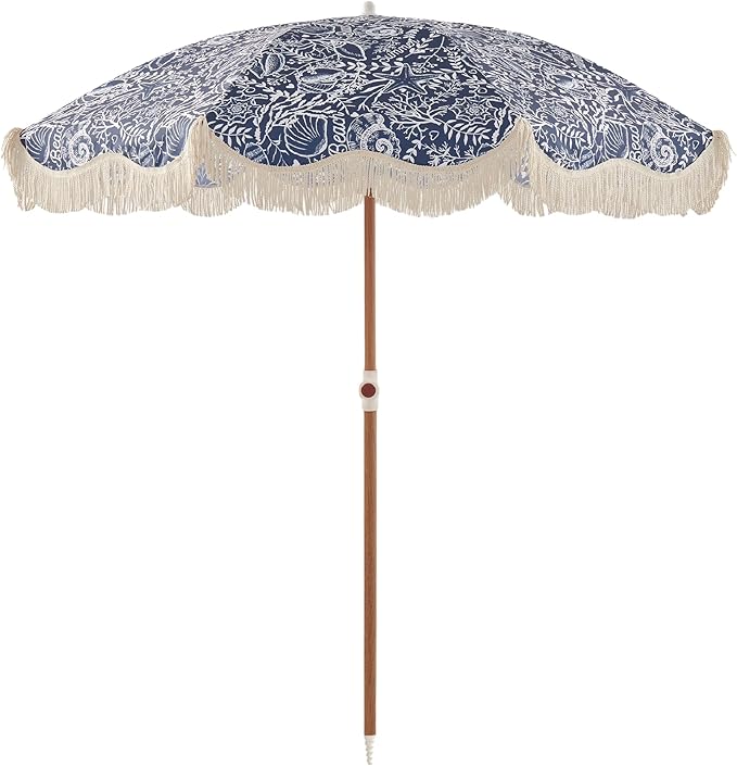 6FT Fringe Beach Umbrella for Sand, Boho Coastal Patio Umbrella with Tassels, UPF 50+ Sun Protection, Tilt, Carry Bag for Beach Vacation & Pool, Reef Indigo