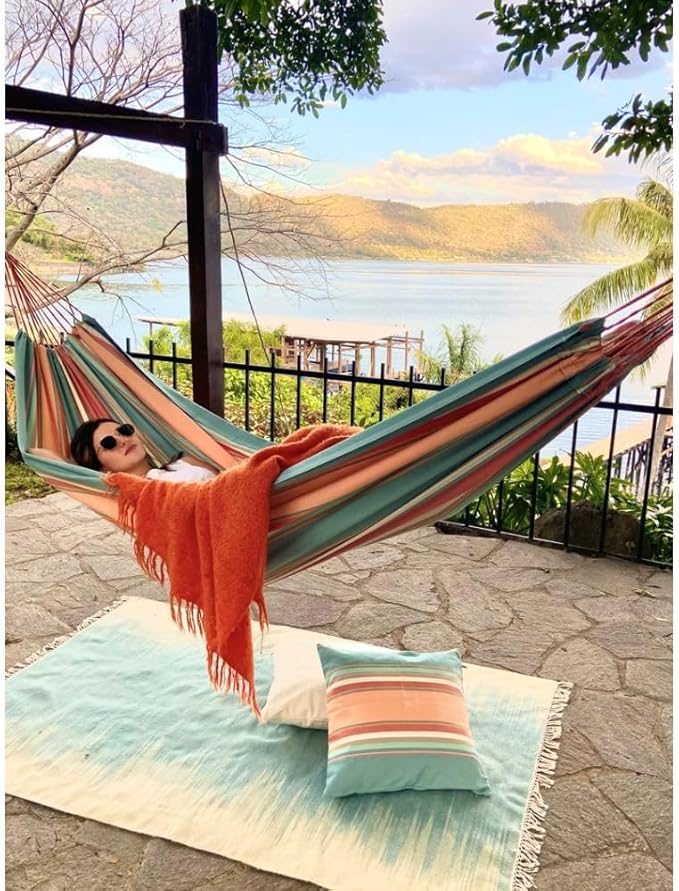 Colorful Striped Cotton Hammock, Soft Pink Boho Hammock for Patio Porch, 100% Cotton Canvas Indoor Outdoor Hanging Bed with 250 lbs Capacity