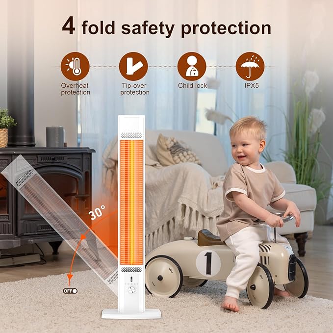 Outdoor Patio Heater with 9 Heat Levels,Space Heater for Garage Backyard Room Indoor,1500W Fast Electric Infrared Heater with Remote,9H Timers,Waterproof,Child Lock, Large
