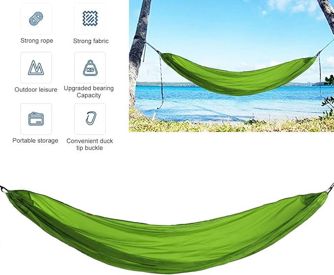 Portable Parachute Camping Hammock, Lightweight Outdoor Hammock with Aluminum Snap Hooks and Storage Bag for Hiking, Travel, and Picnics, 200kg Load Capacity (Grass Green)