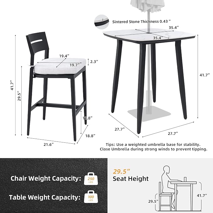 Modern 5-Piece Outdoor Patio Bar Table Set for 4, Small Square Sintered Stone Table with 4 Sunbrella Cushion Bar Chairs, Aluminum Frame and Umbrella Hole, Weather/Heat-Resistant