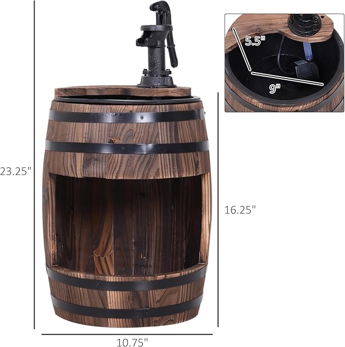 Outsunny 23" H Outdoor Water Fountain Wood and Plastic Rustic Apple Barrel Pump Garden Decor for Outside Backyard