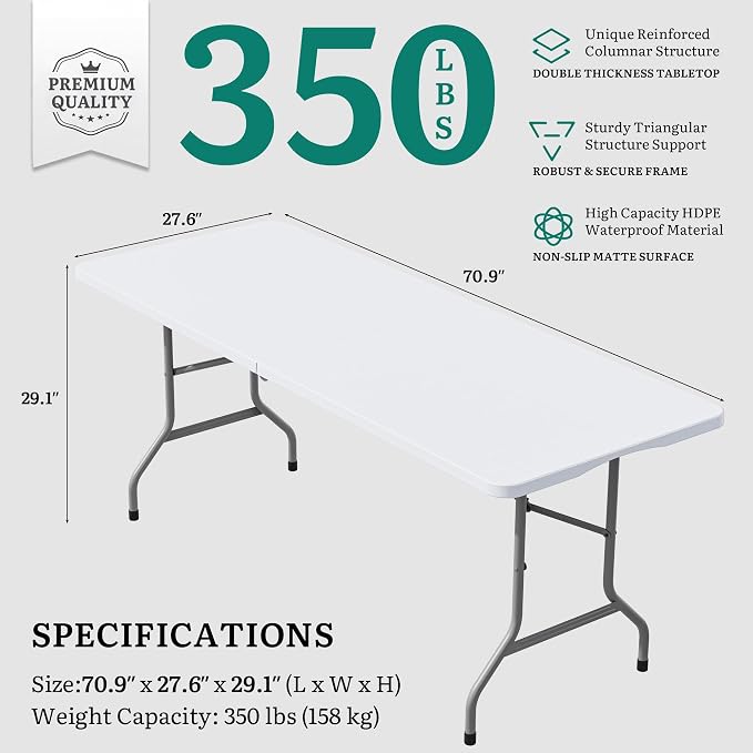YITAHOME Heavy-Duty 6ft Folding Table with Handle, Portable Rectangle Folding Table for Easy Storage, Ideal for Outdoors Camping, Picnics, Parties & Indoor Events, White