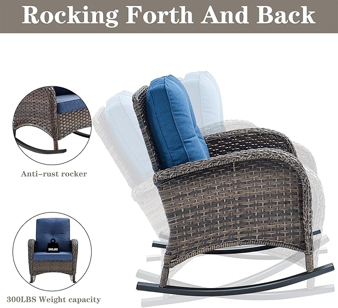 Belord Wicker Porch Rocking Chairs - 3 Pieces Patio Bistro Set High Back Outdoor Rocker Chairs Set with Side Table for Deck Balcony Brown