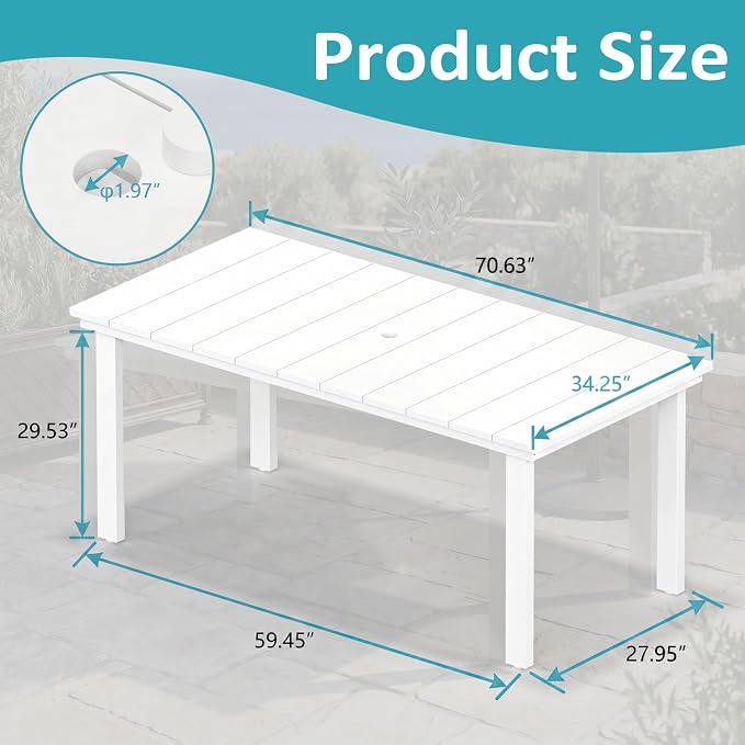 ROCSUMOO Outdoor Dining Table, 70" HDPE Dining Table with Umbrella Hole for 6-8 (White)