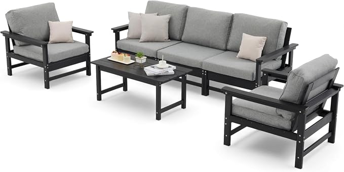 HDPE Outdoor Patio Furniture Set, 6-Piece Sofa Set with 3-Seat Couch, 2 Armchairs & Coffee Table, Weatherproof Conversation Set with Cushions, All-Weather Waterproof, for Garden, Porch & Backyard