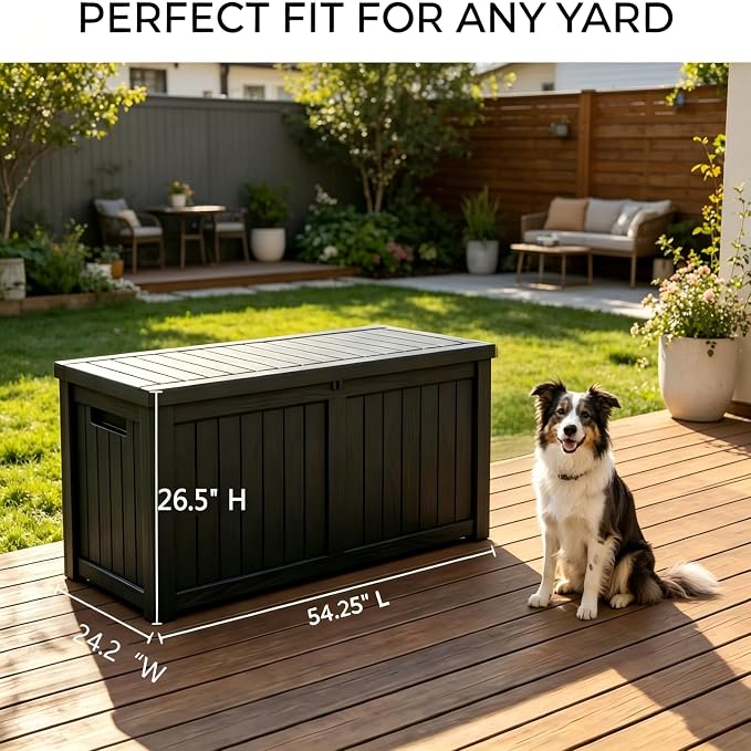 150 Gallon Resin Outdoor Storage Box for Garden Tools, Pool Supplies & Patio Cushions – Waterproof & UV-Resistant, Durable Material – Lockable (Black)