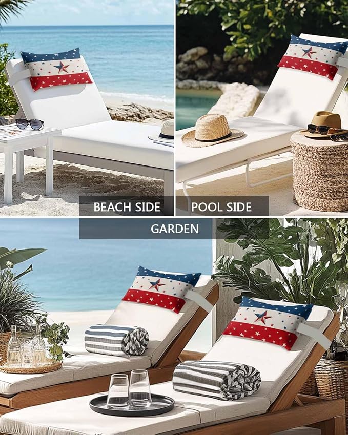 Recliner Head Pillow Independence Day Red White Blue Stripe Outdoor Throw Pillow with Insert,Waterproof Recliner Pillows Chaise Lounge Lumbar Cushion for Beach Rustic Star Patio Pillow 2 Pack