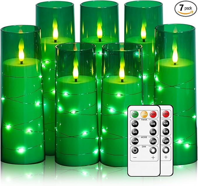 Eebuss Flameless Candles with Embedded Star String, Battery Operated LED Pillar Candles with Timer and Remote Control,Home Decorating for Ambiance， Set of 7 (Green)
