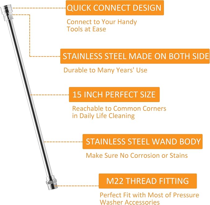 PWACCS Pressure Washer Extension Wand, Universal Lance Extension for Power Washer, Stainless Steel Replacement of Pressure Washing Extended Rod, M22 to 1/4 Inch Quick Connector