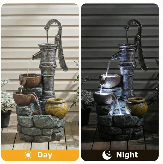 32" H Large Outdoor Fountains with LED Lights Vintage Pump Ideal for Patio Yards Outdoor Gardens and Home Art Decor Crafted from Weather-Resistant Resin Materials