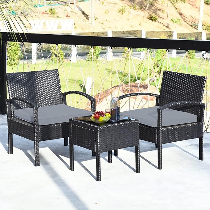 Tangkula 3 Piece Patio Conversation Set, Outdoor Rattan Sofa Set with Seat Cushions & Coffee Table, Patio Wicker Furniture Set for Garden Balcony Backyard Poolside (Grey)
