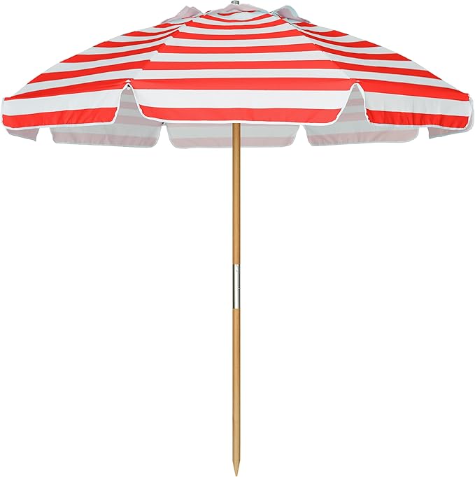 AMMSUN 7.5ft Heavy Duty HIGH Wind Beach Umbrella Commercial Grade Patio Beach Umbrella with Air Vent Ash Wood Pole & Carry Bag UPF50+ Protection Red White