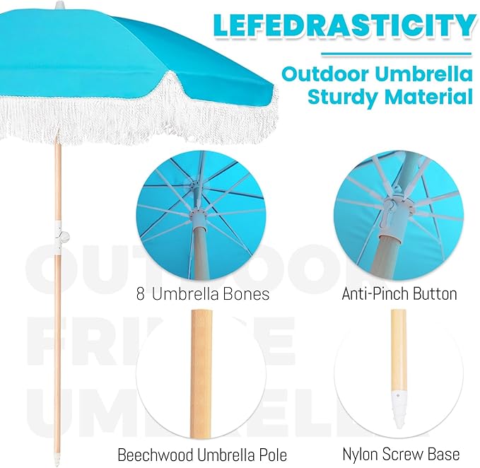Lefedrasticity Boho Outdoor Umbrella with Tassels,6ft Table Umbrella Outdoor Patio with Knobs Tilt,Wind Resistant Portable Beach Umbrella UPF50+ Fringe Umbrellas For Pool Backyard Deck Garden