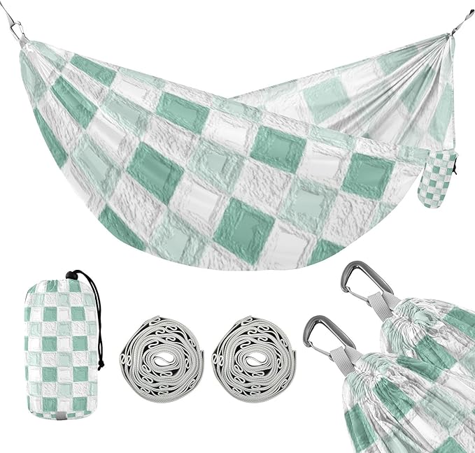 Oil on Canvas Green and White Checkered Pattern 330lb Capacity Hammocks with Tree Straps Backyard Hammock for Patio Backyard Lounge Base hamacas para adultos