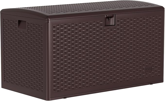 Lockable 73 Gallon Brown Resin Deck Storage Box - Waterproof & UV-Resistant Outdoor Chest Bench with Woven Webbing Design for Patio, Garden, Pool Accessories - Specs: Webbing, Color: Brown