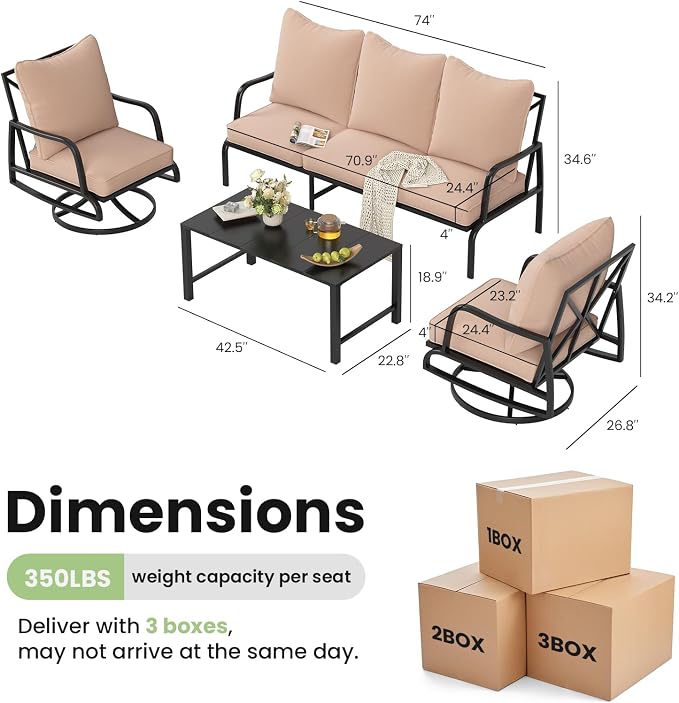 Soohow Patio Furniture Set, 4 Piece Outdoor Patio Furniture Set, 2 x Outdoor Swivel Chair, 1 x 3-Seats Sofa and 1 x Coffee Table, Metal Conversation Set for Porch, Balcony, and Backyard