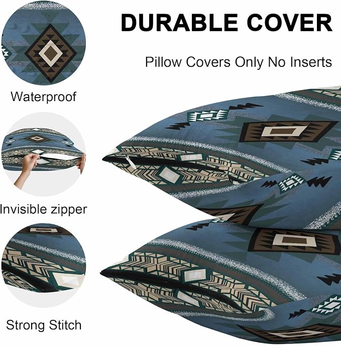 Vandarllin Outdoor Throw Pillows Covers 20x12 inch Set of 2 Waterproof Blue Tribal Style Decorative Zippered Cushion Covers for Patio Furniture, Southwest Native American Lumbar Pillowcases