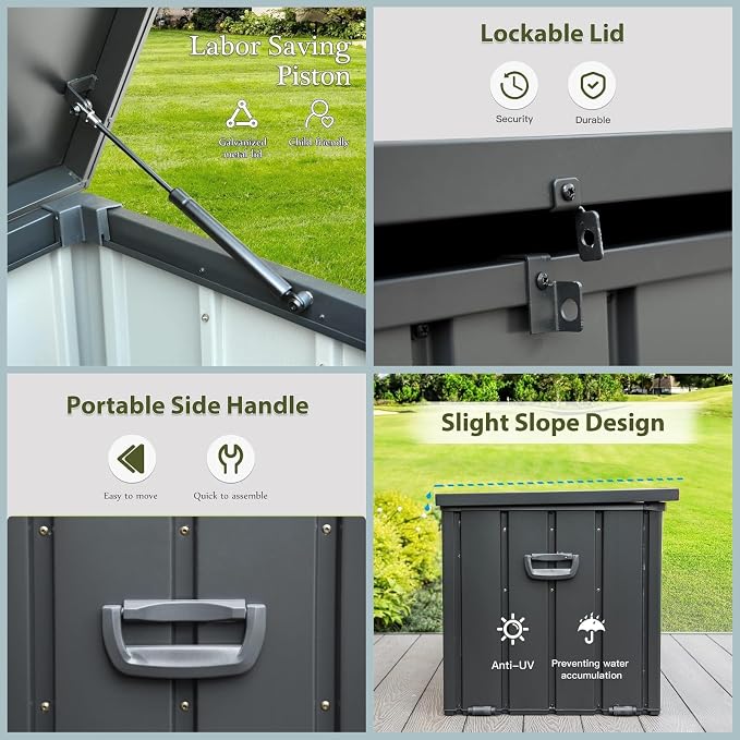 ChicFurnit Outdoor Storage Box, 120 Gallon Deck Box with Lockable Metal Lid & Portable Side Handles, Outdoor Storage Bin with Stable Support Rod, Soft Close Mechanism & Mobility Rollers, Dark Gray
