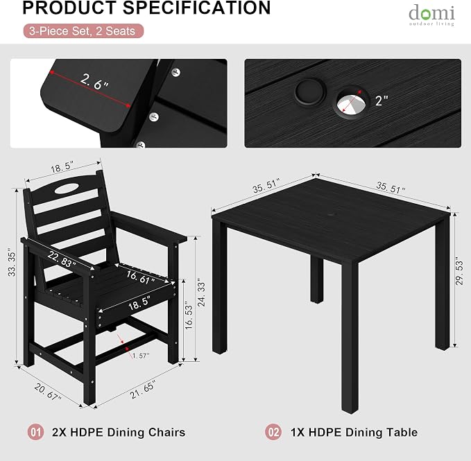 Domi HDPE Outdoor Dining Set, All-Weather Outdoor Dining Table Set of 3 with 2" Umbrella Hole, Outdoor Patio Dining Set for Garden, Poolside, Backyard, Deck, Black