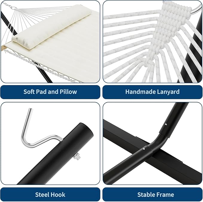 HomeEterna Iron Frame Polyester Cotton-Padded Netting Cushion Style Hammock with Durable Iron Frame, Soft Polyester Padding, Breathable Netting, Comfortable Cushion Design, and Easy Setup
