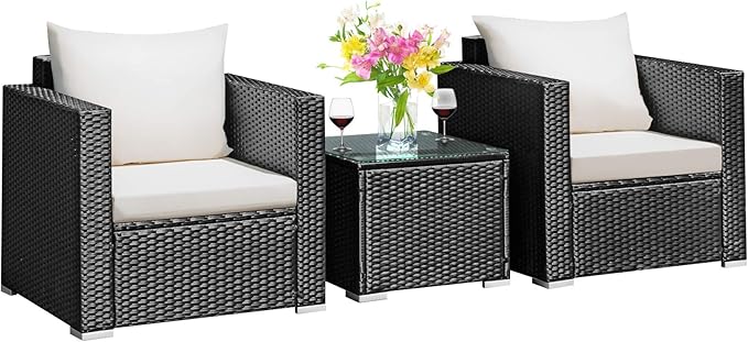 Tangkula 3 Pieces Patio Furniture Set, PE Rattan Wicker Sofa Set w/Washable Cushion and Tempered Glass Tabletop, Outdoor Conversation Furniture for Garden Poolside