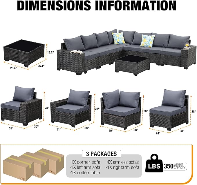 8 Pieces Patio Furniture Set, Wicker PE Rattan Outdoor Sectional with Cushion & Coffee Table, Patio Conversation Sofa for Garden, Backyard, Poolside, Grey