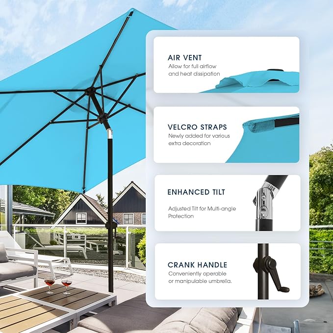 wikiwiki 7.5FT Patio Umbrella with Base, Outdoor Umbrellas with Base Included, 6 Sturdy Ribs, Waterproof Fade Resistant POLYESTER DTY Canopy for Deck, Lawn, Garden, Backyard & Pool, Sky Blue