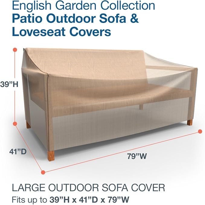 Budge English Garden Patio Sofa Cover, Waterproof & UV-Resistant Outdoor Furniture Cover, Fits Large Sofas up to 79" W x 41" D x 39" H, Tan Tweed