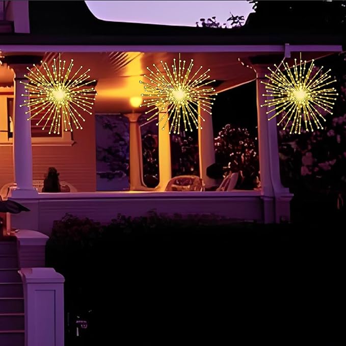 5 Pack Solar Firework Lights, 450 LED 8 Modes Dimmable Waterproof Hanging DIY Starburst Fairy Lights with Timer for Party Garden Indoor Outdoor Decoration (Warm White, 450)