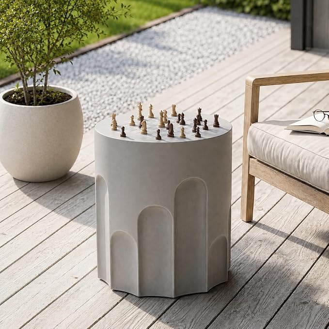 SUNBURY Outdoor Side Table w Chessboard, 15" W Concrete End Table, Patio Side Table Lightweight MgO, Round Accent Tables, Garden Stool Plant Stand for Yard, Front Porch, Grey