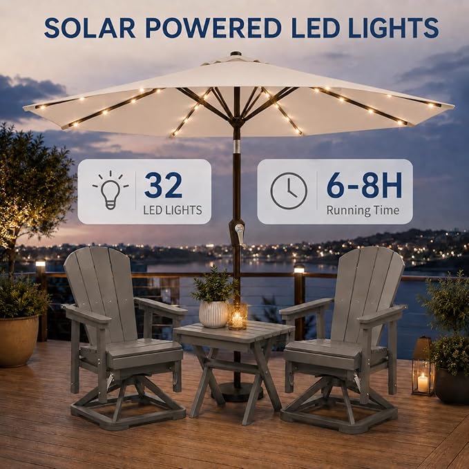 11FT Solar Patio Umbrella with Lights, Outdoor Table Market Umbrella with 32 LED Lights, 8 Sturdy Ribs, Smooth Crank Lift for Pool, Deck and Garden, UV-Resistant