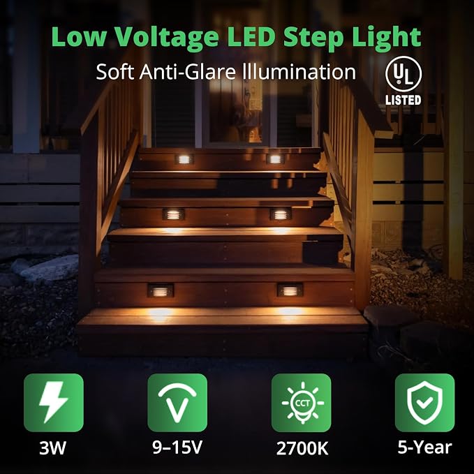 12V 3W Surface Mount Low Voltage LED Step Light with Horizontal Louver Faceplate for Steps Decks Pathway Yard Stairs Fences, IP65 Rated for Outdoor Waterproof, Ideal for Wet Locations (4 Packs)
