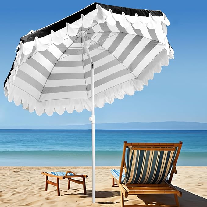 6.5Ft Valance Beach Umbrella, Classic Scalloped Fringe Umbrella with Push Button Tilt, UPF50+ Portable Outdoor Umbrellas with Carry Bag for Patio Garden Pool