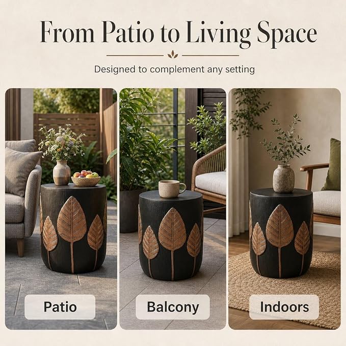 IRONORA Leaf Carved Outdoor Side Table, Black & Copper Round Accent Table, Weather Resistant Patio End Table, 15.3" x 18.5" Decorative Stool Table for Garden, Balcony, Living Room