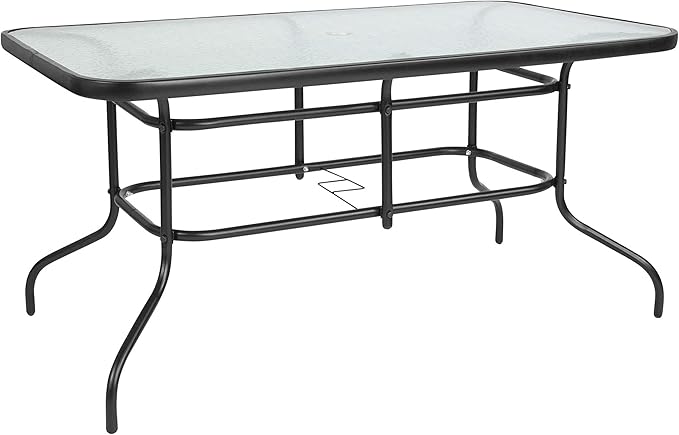 BOWERY HILL Rectangular Glass Patio Table, Clear Top Black Powder-Coated Metal Frame, 55" x 31.5", 5mm Tempered Glass, Indoor/Outdoor Dining Table for Commercial or Residential Use