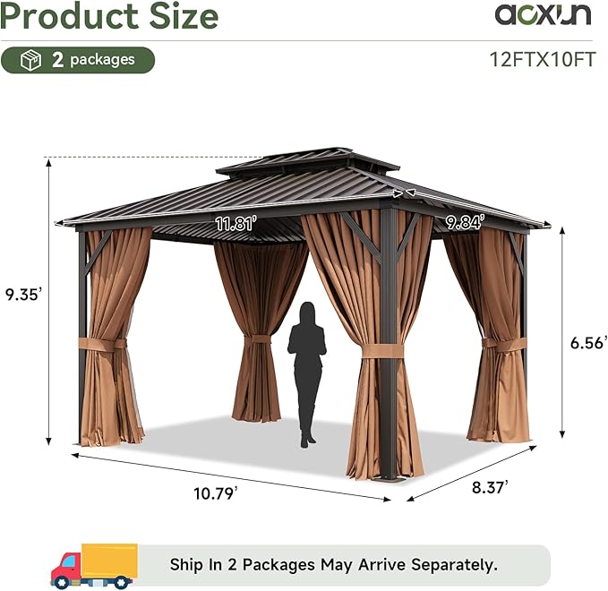 Aoxun 10’x12’ Hardtop Gazebo, Permanent Metal Pavilion with Galvanized Steel Double Roof, Outdoor Pergola with Nettings and Curtains for Lawn, Garden, Patio (Brown)