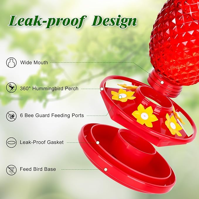 Fchstaer Glass Hummingbird Feeders for Outdoors Hanging 16oz 1 Pack Red Pineapple Bee & Ant Proof 360°Perch Leakproof Easy Clean with 6 Feeding Ports Gifts for Mom