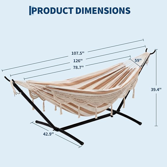 2 Person Hammock with Heavy-Duty Steel Stand, Portable Double Hammock with Lace, MAX 450 LBS Capacity for Outdoor Patio Backyard Poolside, Easy Assembly