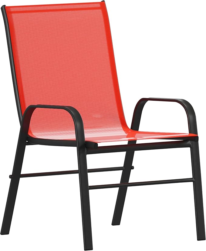 Flash Furniture Brazos Commercial Outdoor Dining Set, 60" Tempered Glass Patio Table with Umbrella Hole, 6 Stack Chairs with Flex Comfort Seats and Backs, Red/Black