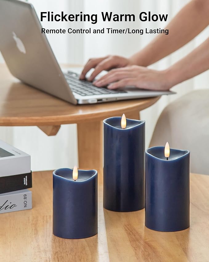 Navy Blue Flameless Candles with Remote and Timer, Real Wax Made LED Pillar Candles Battery Operated with 3D Flickering Flame Melted Top, 3" x 4",5",6", Navy Blue Decor, Set of 3