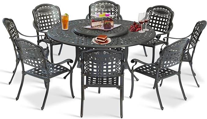 9-Piece Patio Cast Aluminum Dining Set, Outdoor Rust-Free Dining Furniture Set for 8 Person, Includes 8 Chairs and 61" Large Round Dining Table with 31" Lazy Susan, Umbrella Hole
