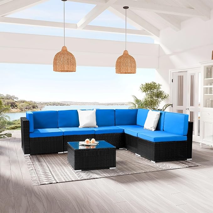 7 Pieces Patio Furniture Set - Outdoor Sectional Furniture with Cushion and Coffee Table Patio Conversation Sets for Backyard Outdoor Sofa Set Modular Sofa, Outdoor Patio Conversation Furniture Set