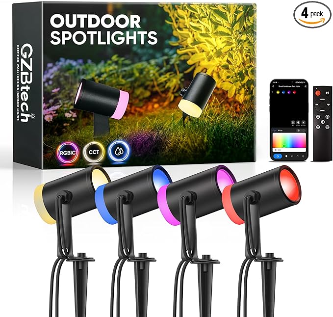GZBtech Waterproof Landscape Spotlights, 24V RGB+IC+CCT Color Changing Outdoor Pathway Lighting, App&Remote Control Work with Alexa, Aluminum Dimmable LED Spot Light for Garden Yard Decor, 4 Pack