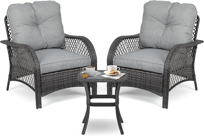 Athena Collection Patio Furniture Set of 3, All Weather Outdoor Sofa Conversation Set PE Rattan Chairs with Upholstered Seat and Backrest and Coffee Table Set for Bistro Garden Backyard, Gray