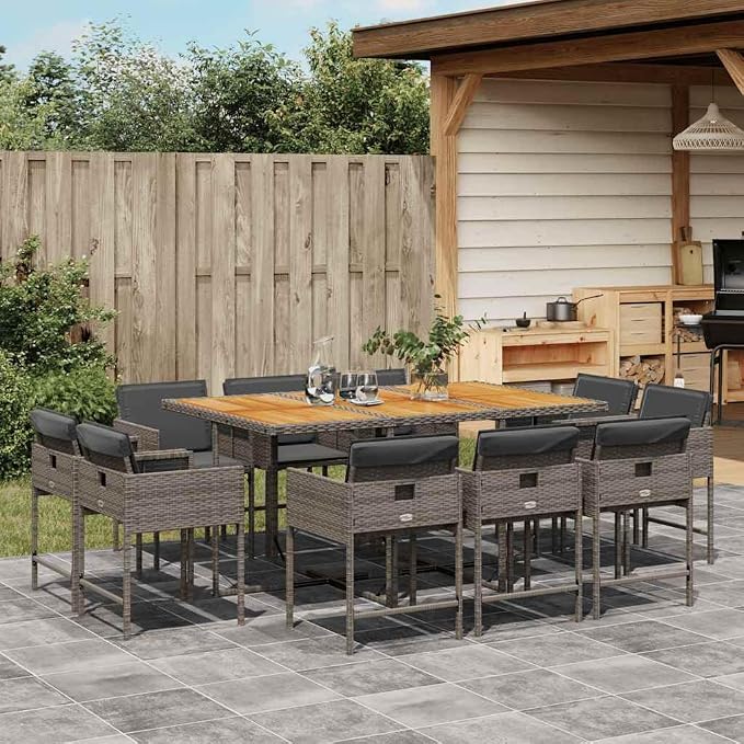 11 Piece Patio Dining Set with Cushions Gray Poly Rattan Outdoor Table and 10 Folding Chairs Acacia Wood Top for Garden Backyard Deck Entertaining UV Proof 242.5 lb Capacity