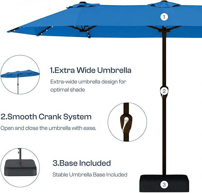 15FT Patio Umbrella with Solar Lights, Double-Sided Extra Large Outdoor Table Umbrella with Base Included, Heavy-Duty 12 Iron Ribs Market Umbrella for Garden, Pool, Backyard, Royal Blue