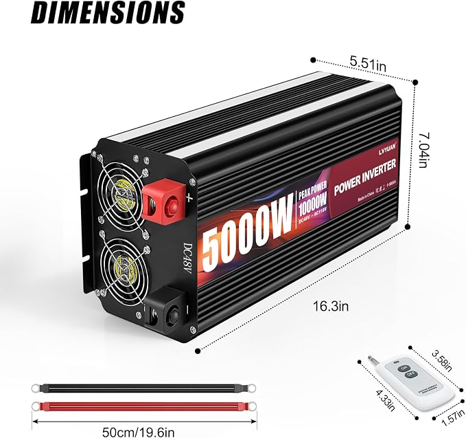 LVYUAN 5000 Watt Power Inverter 48V to 110V 120V for Vehicle, Solar Inverter System, Heavy Duty, RV, Truck, Off Grid,Camping with 4 AC Outlets, LCD Display, Wireless Remote Control, Car Power Inverter
